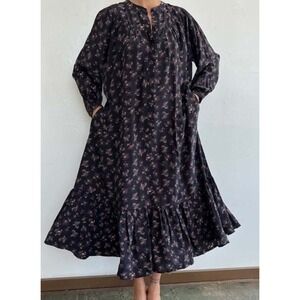 Suzie Kondi Easy Dress L Black Floral Silk Tiered Midi Boho Oversized Pockets